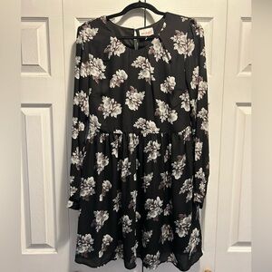 Floral Long Sleeve Dress - Black and White